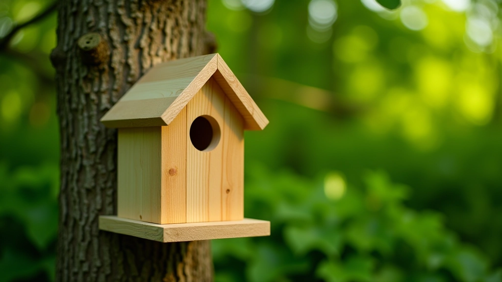 Completed painted wooden birdhouse mounted on tree trunk in natural garden setting with spring foliage in soft natural light