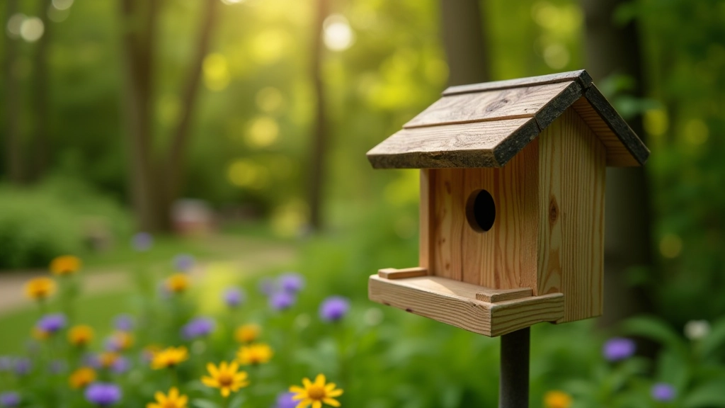 Finished wooden birdhouse mounted on a garden fence surrounded by wildflowers