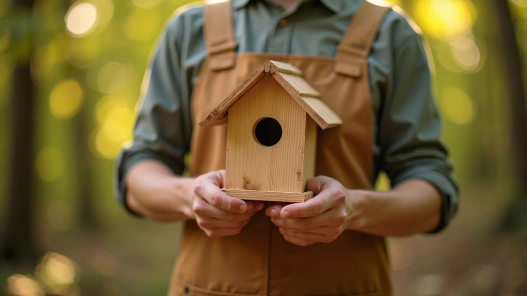 Hands holding freshly carved wooden birdhouse with detailed roof design