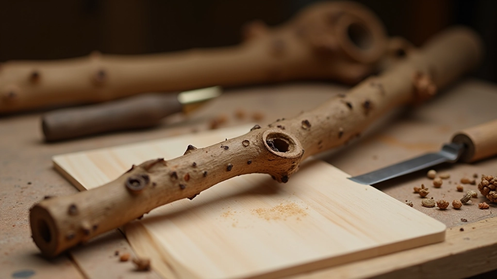 Debarked wooden branch on workbench with draw knife tool showing the prepared surface ready for carving