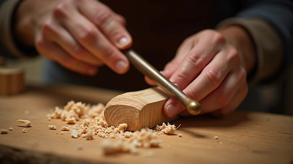 Close-up of hands working with wood carving tools on walking stick, showing wood grain detail and craftsmanship technique, workshop setting with natural light