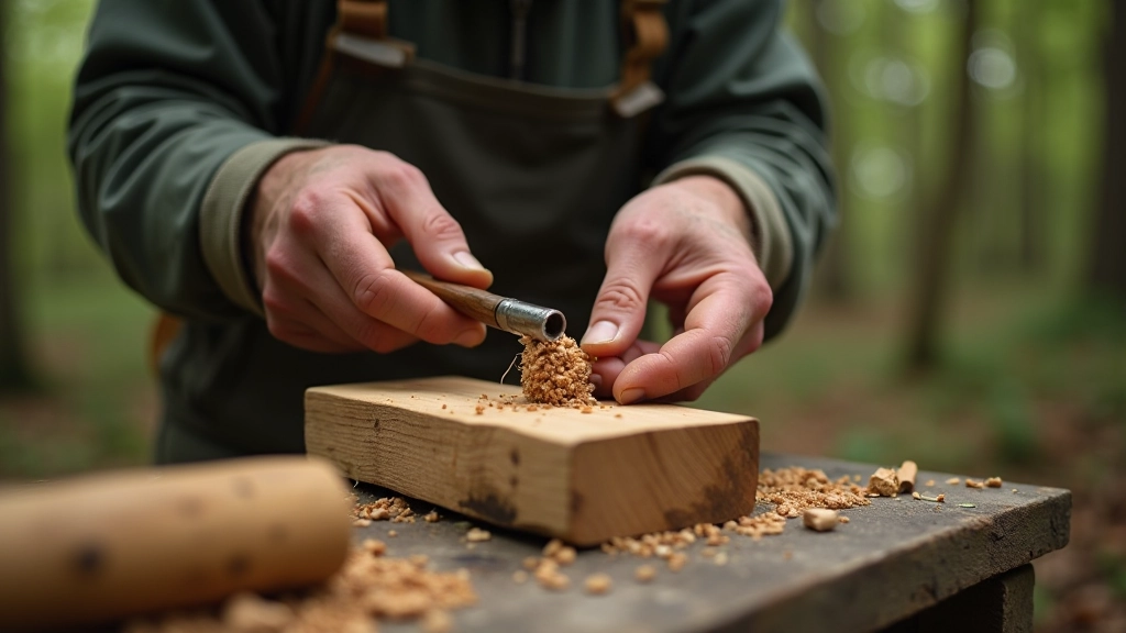 Hands working with wood and tools in a forest workshop