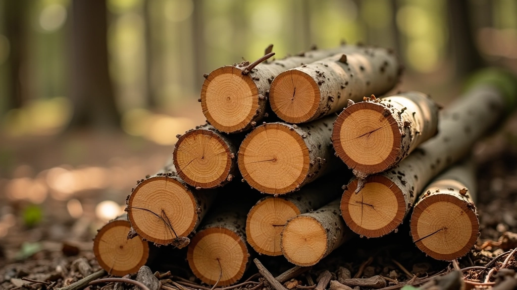 Stack of freshly debarked wooden branches showing different wood types - birch, rowan, spruce with visible grain patterns