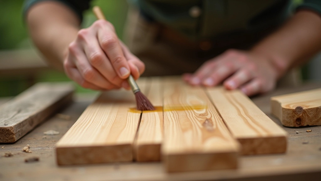 Applying boiled linseed oil to wooden planter boards with brush, amber liquid soaking into grain