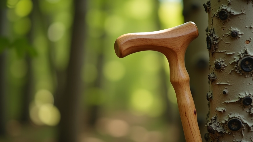 Hand-carved wooden walking stick leaning against tree trunk in forest setting
