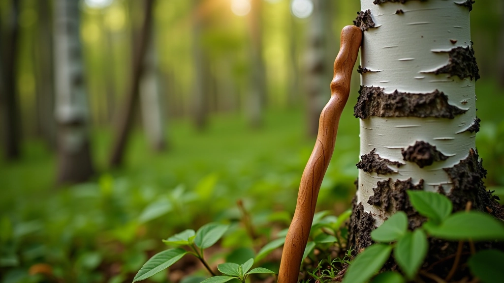Hand-carved walking stick leaning against birch tree in Latvian forest