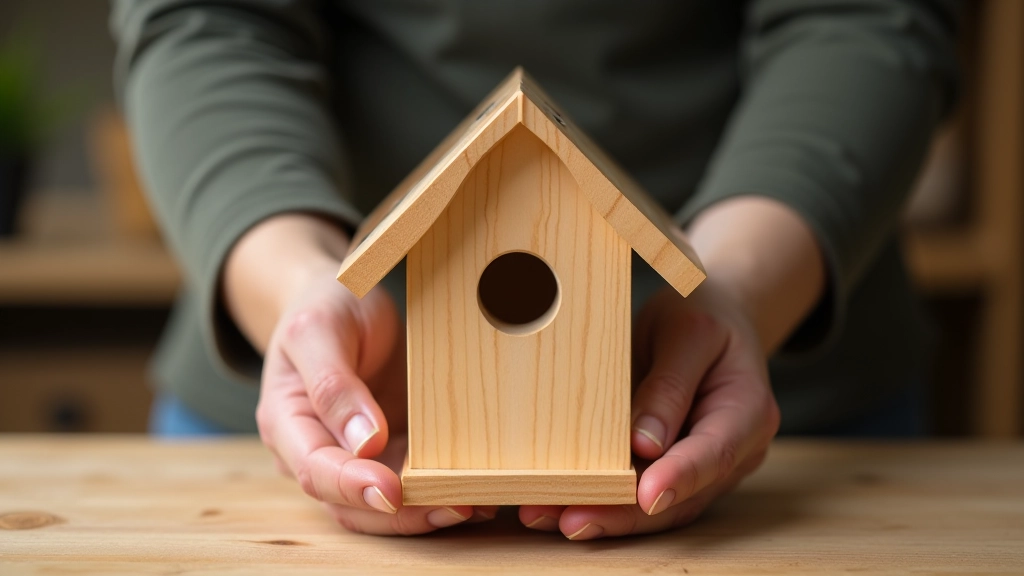 Hands holding freshly carved wooden birdhouse with detailed roof design