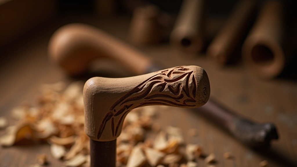 Partially carved walking stick showing detailed handle work with carved texture patterns and refined shaping