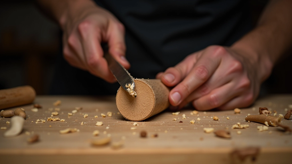 Hands holding wooden stick in progress showing initial roughing cuts and shaping of the handle area