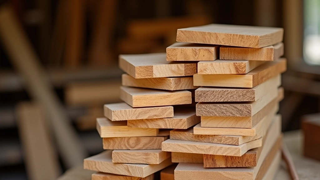 Stack of freshly cut Baltic pine and oak boards sorted by thickness and color