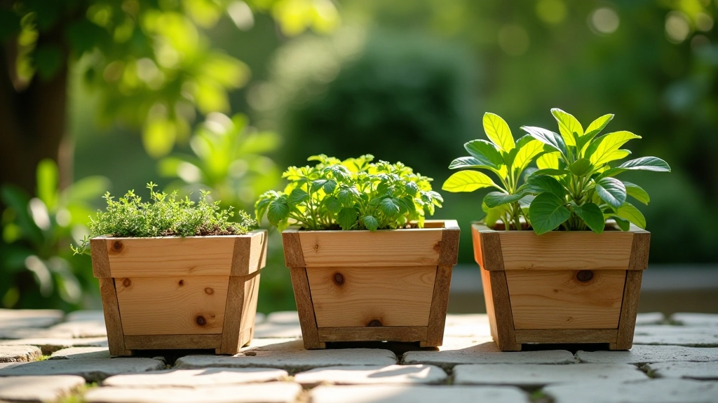 Three wooden garden planters with herbs growing on outdoor patio