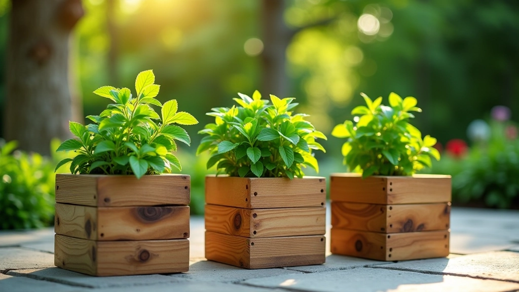 Three wooden garden planters of varying heights on outdoor patio with growing herbs