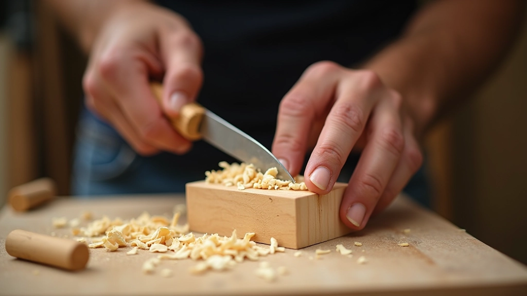 Whittling knife cutting into wooden block with wood shavings scattered on work surface