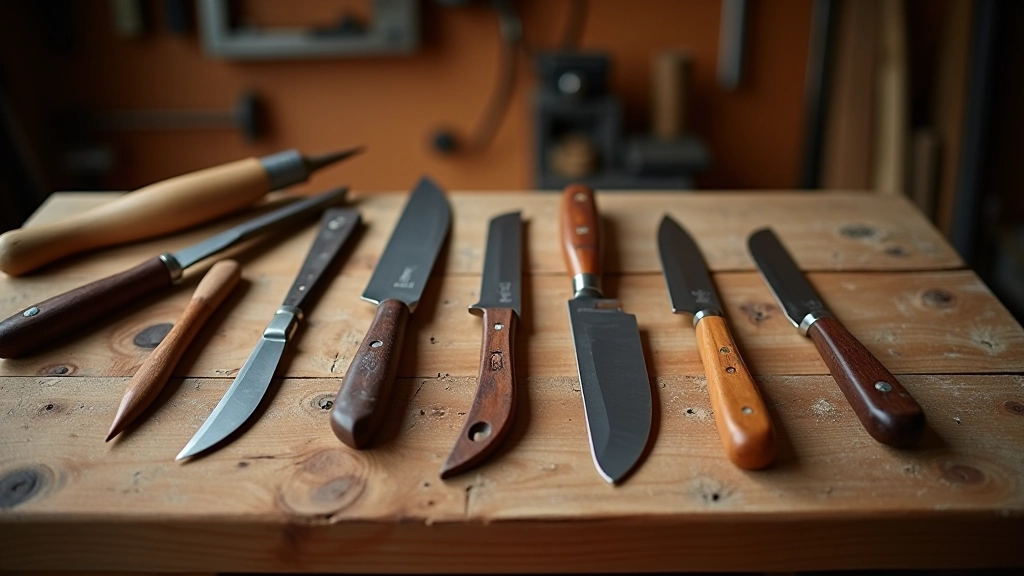Assorted whittling knives and tools arranged on wooden table with wood shavings