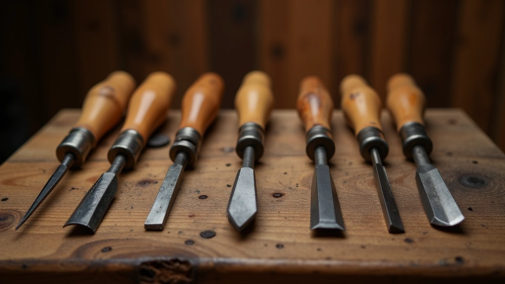 Carving tools arranged on wooden workbench including various chisels, knives, gouges, and shaping tools with proper lighting