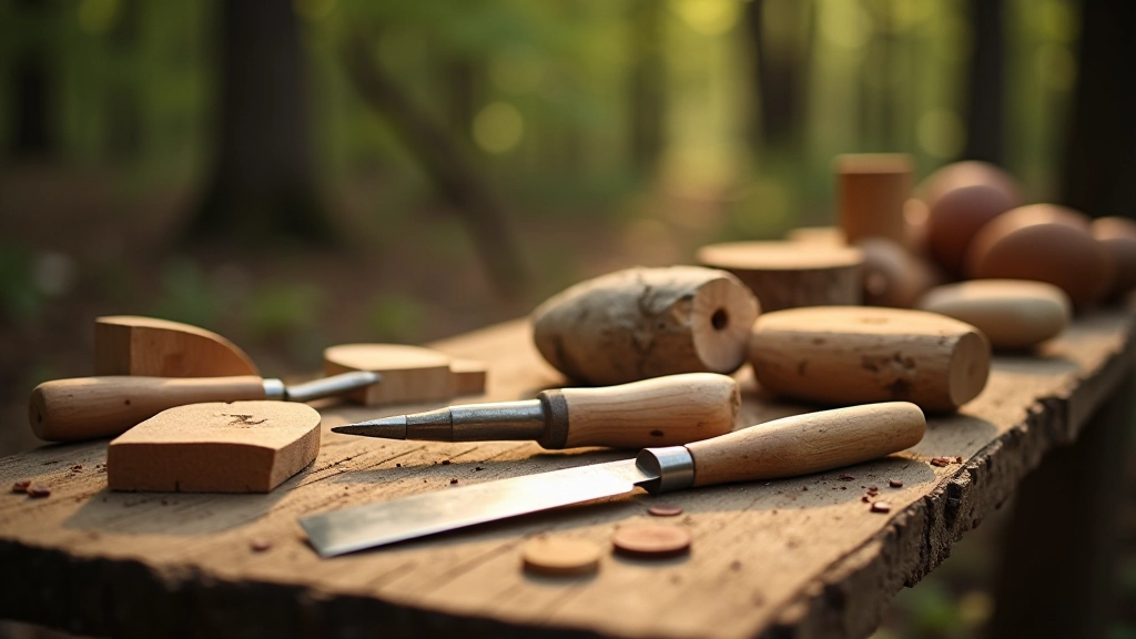 Woodcraft tools and materials in forest setting