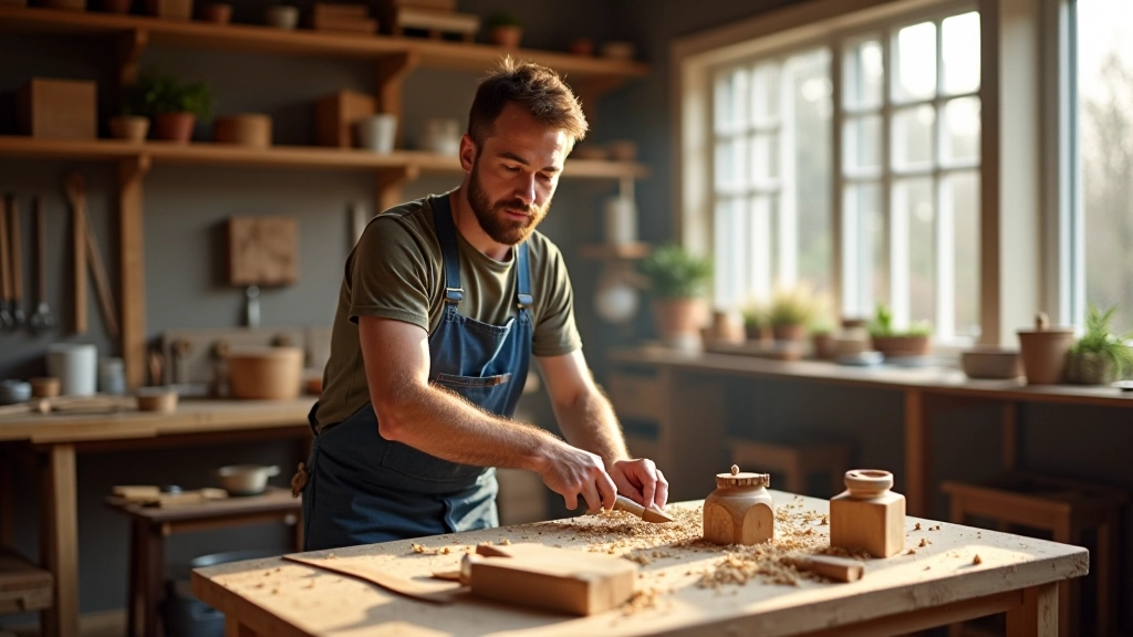 Professional woodcraft workshop with hand tools, wood shavings, and completed crafts on rustic wooden table, natural lighting from large windows