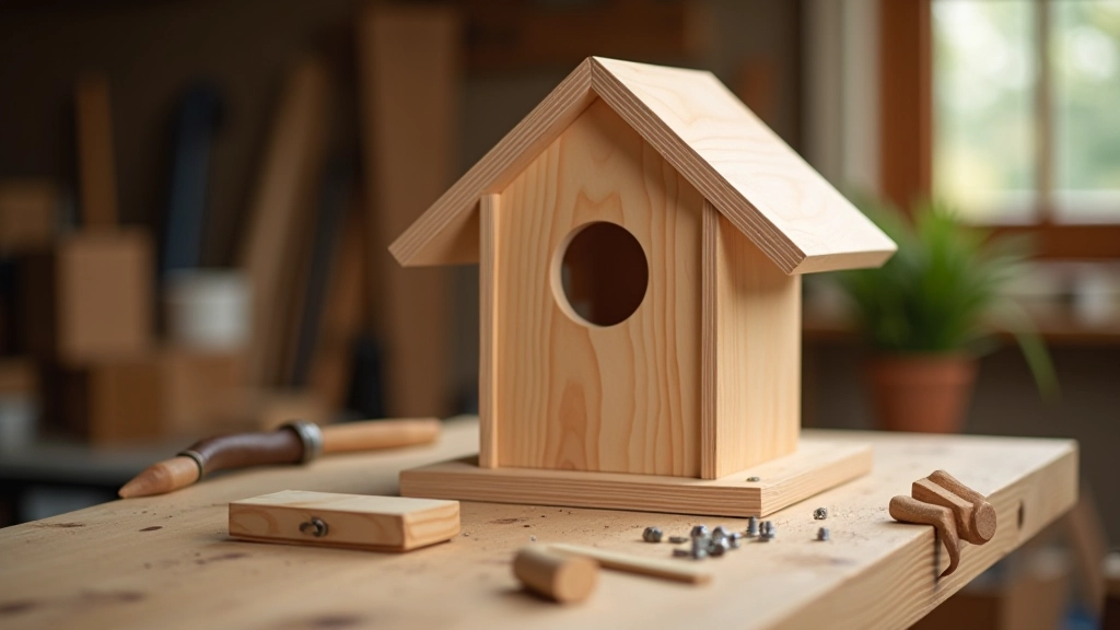 Wooden birdhouse mid-assembly showing exposed screws, glued joints, and partially attached roof pieces on workbench with tools nearby