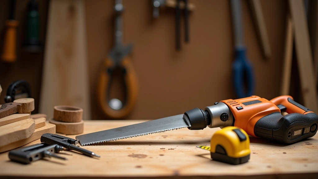 Assorted woodworking tools laid out on wooden workbench including handsaw, drill, screwdrivers, measuring tape, and clamps in natural light